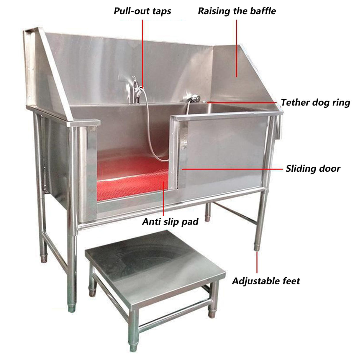 47 Inch Stainless Steel Dog Grooming Tub with Walk-in Stairs V1205