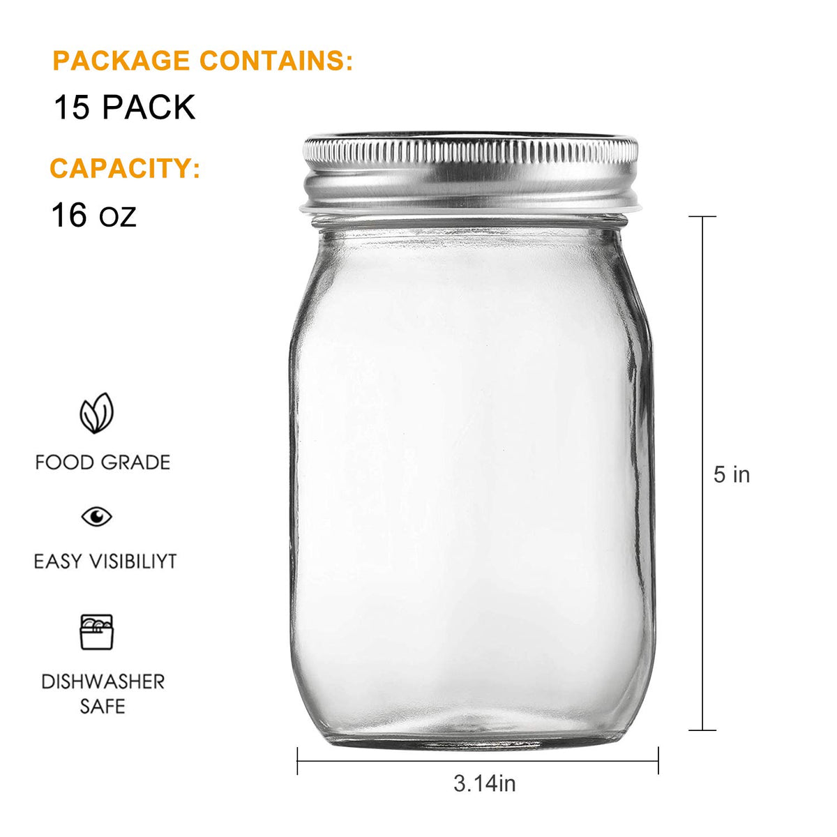 16 Pack 16 oz Glass Mason Jars with Airtight Lids and Bands Z522