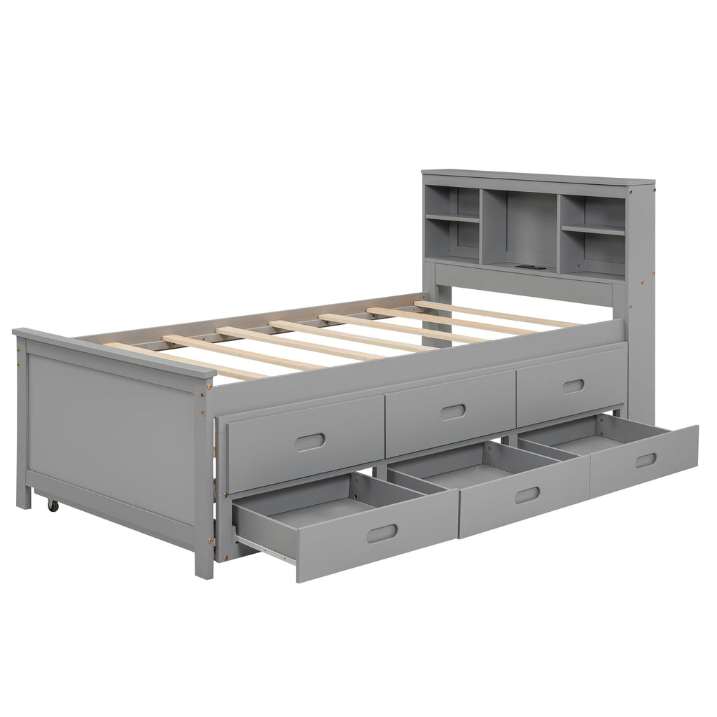 Twin Size Wood Platform Bed with Trundle and 3 Drawers B306