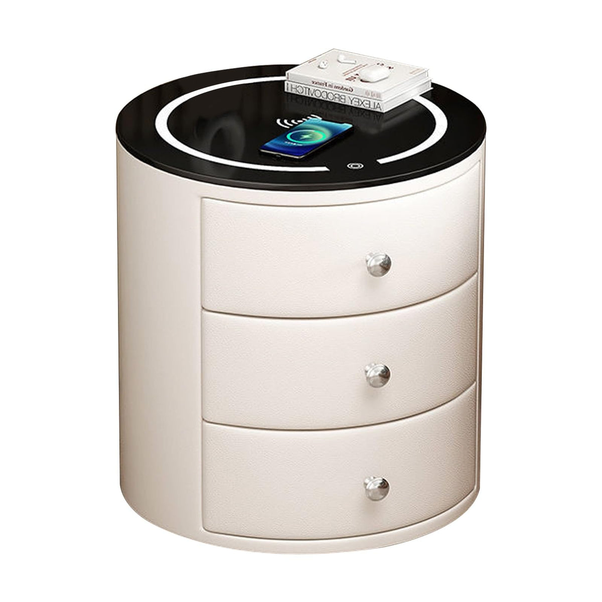 White 3 Drawer PU Leather Nightstand with Wireless Charging and LED Lights C134