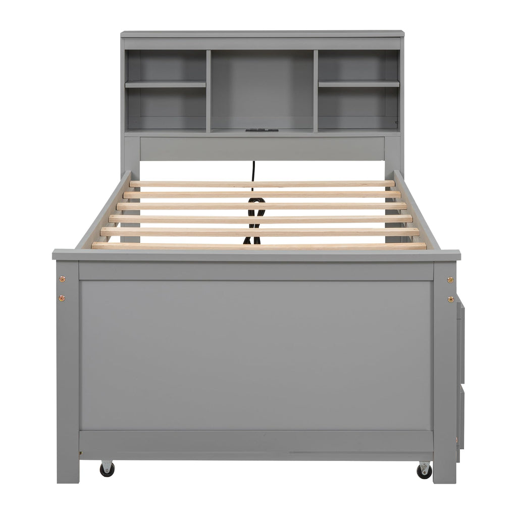 Twin Size Wood Platform Bed with Trundle and 3 Drawers B306
