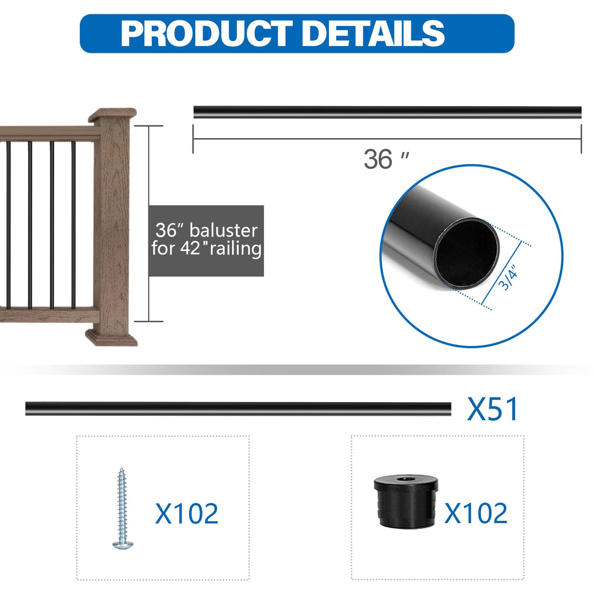 51 Pack 36" Black Aluminum Deck Balusters W545