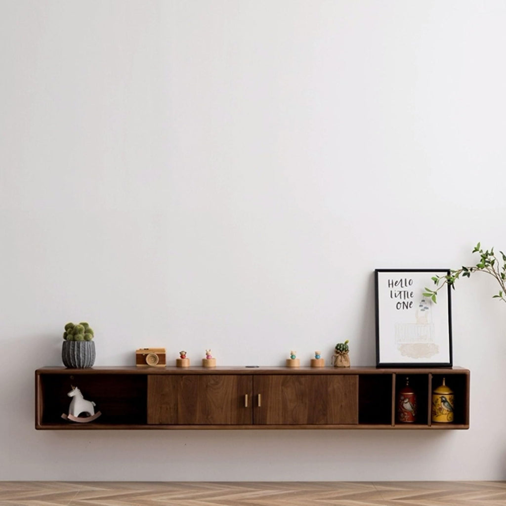 Walnut Wood Wall Mounted Floating TV Stand with Doors and Open Storage Shelves H274964