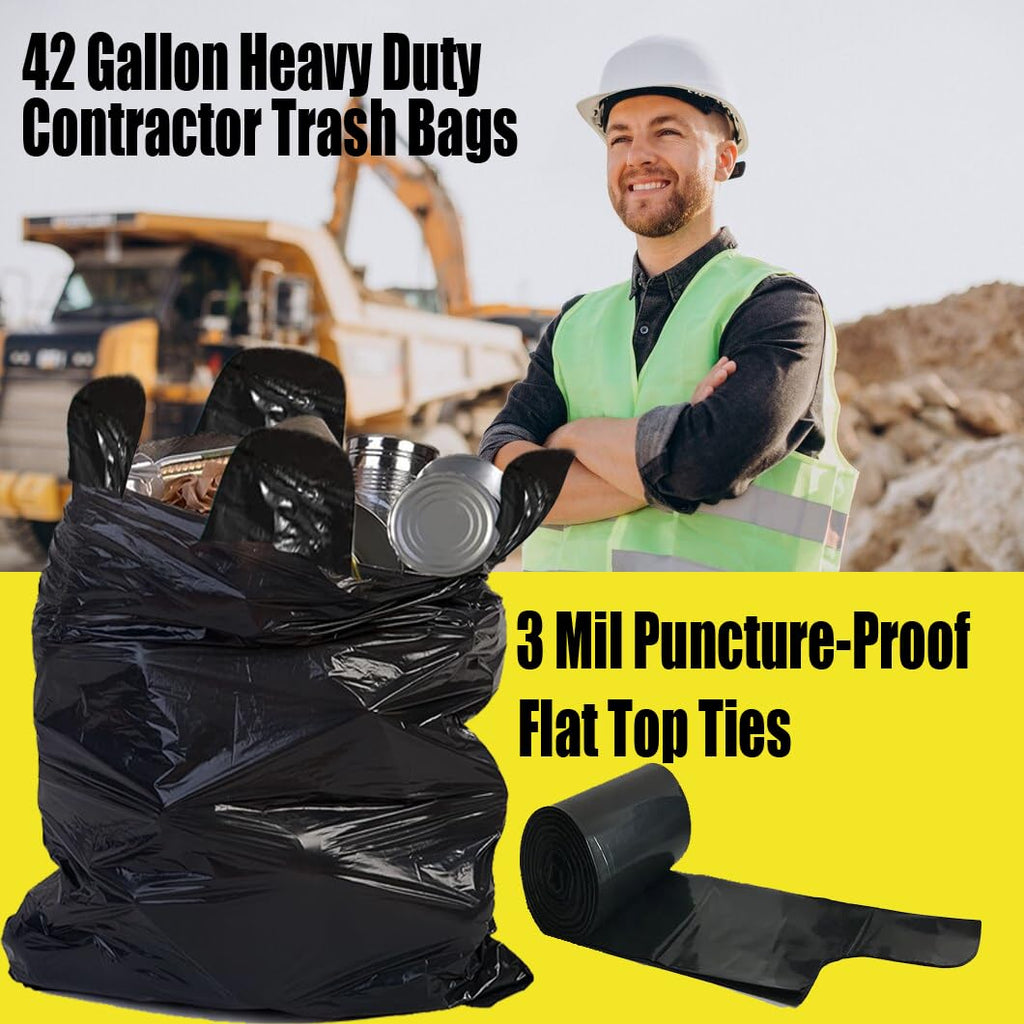 Heavy Duty 42 Gallon 10 Count 3 MIL Black Flap Tie Trash Bags E248410