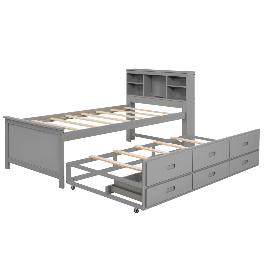 Twin Size Wood Platform Bed with Trundle and 3 Drawers B306