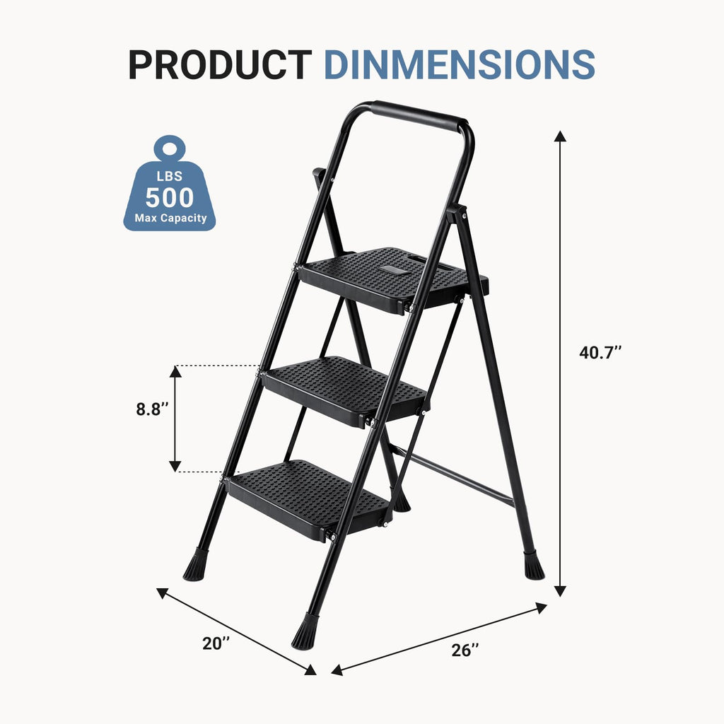 3 Step Ladder with Anti-Slip Pedal and Handrail, 500lbs, Black I704058