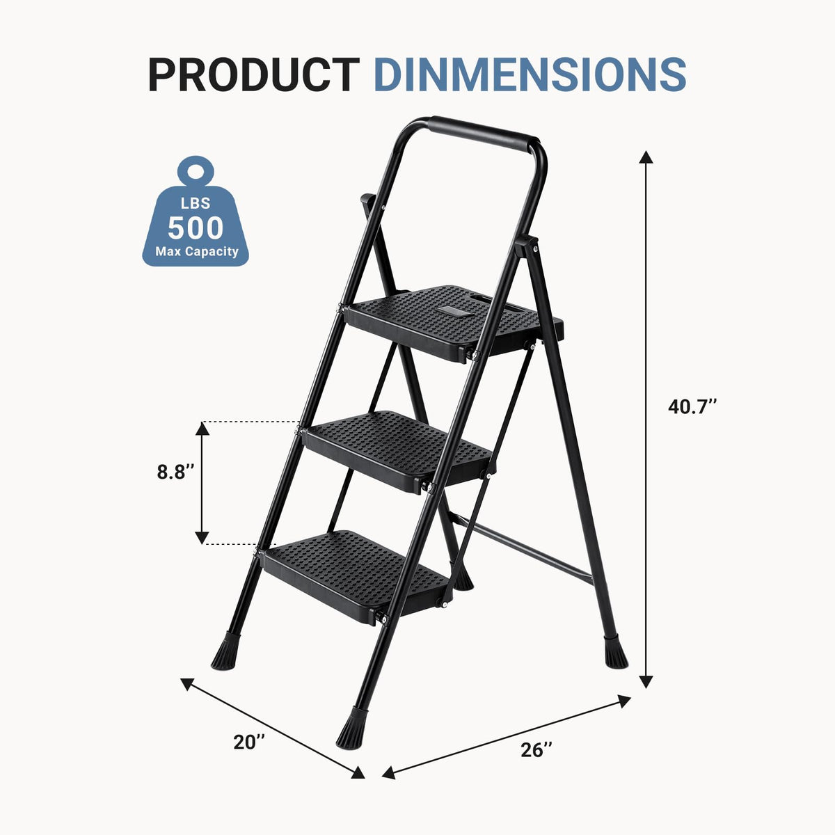 3 Step Ladder with Anti-Slip Pedal and Handrail, 500lbs, Black I704058
