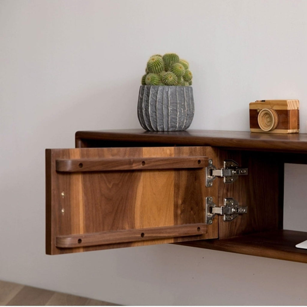 Walnut Wood Wall Mounted Floating TV Stand with Doors and Open Storage Shelves H274964