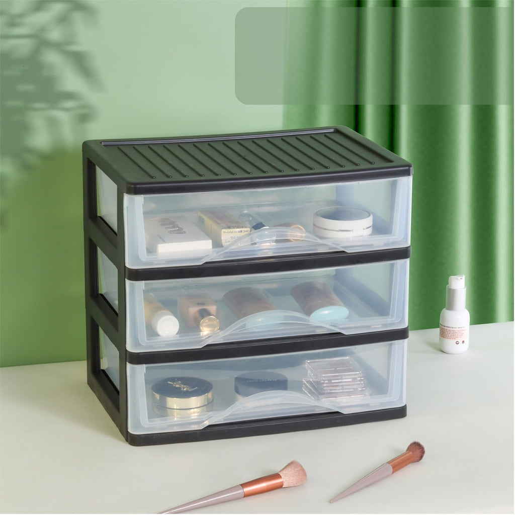 Medium 3 Drawer Black Plastic Stacking Storage Drawers L115970