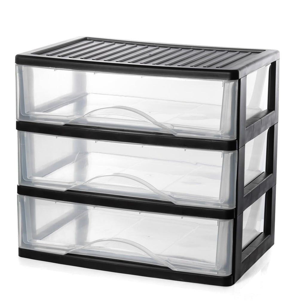 Medium 3 Drawer Black Plastic Stacking Storage Drawers L115970