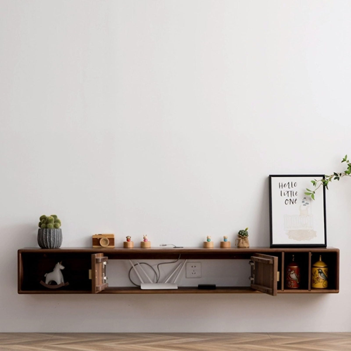 Walnut Wood Wall Mounted Floating TV Stand with Doors and Open Storage Shelves H274964