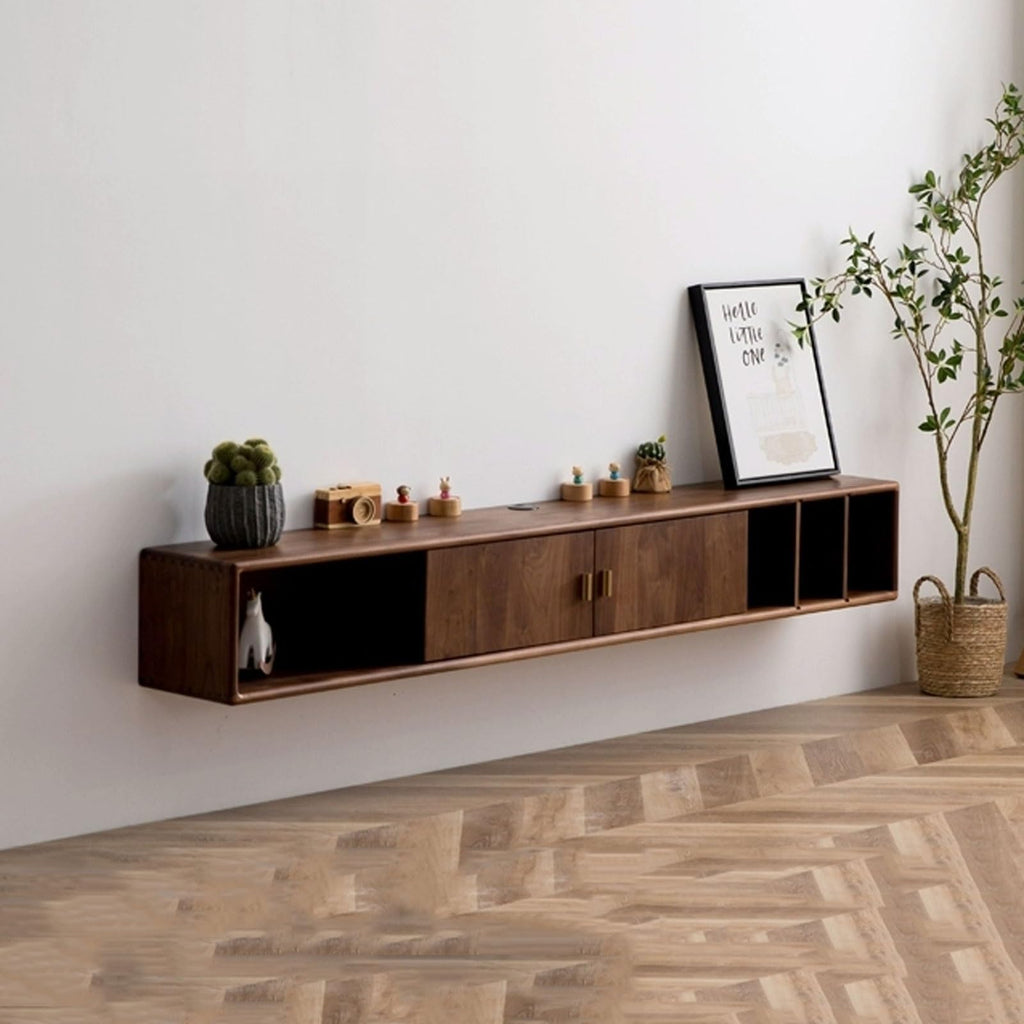 Walnut Wood Wall Mounted Floating TV Stand with Doors and Open Storage Shelves H274964