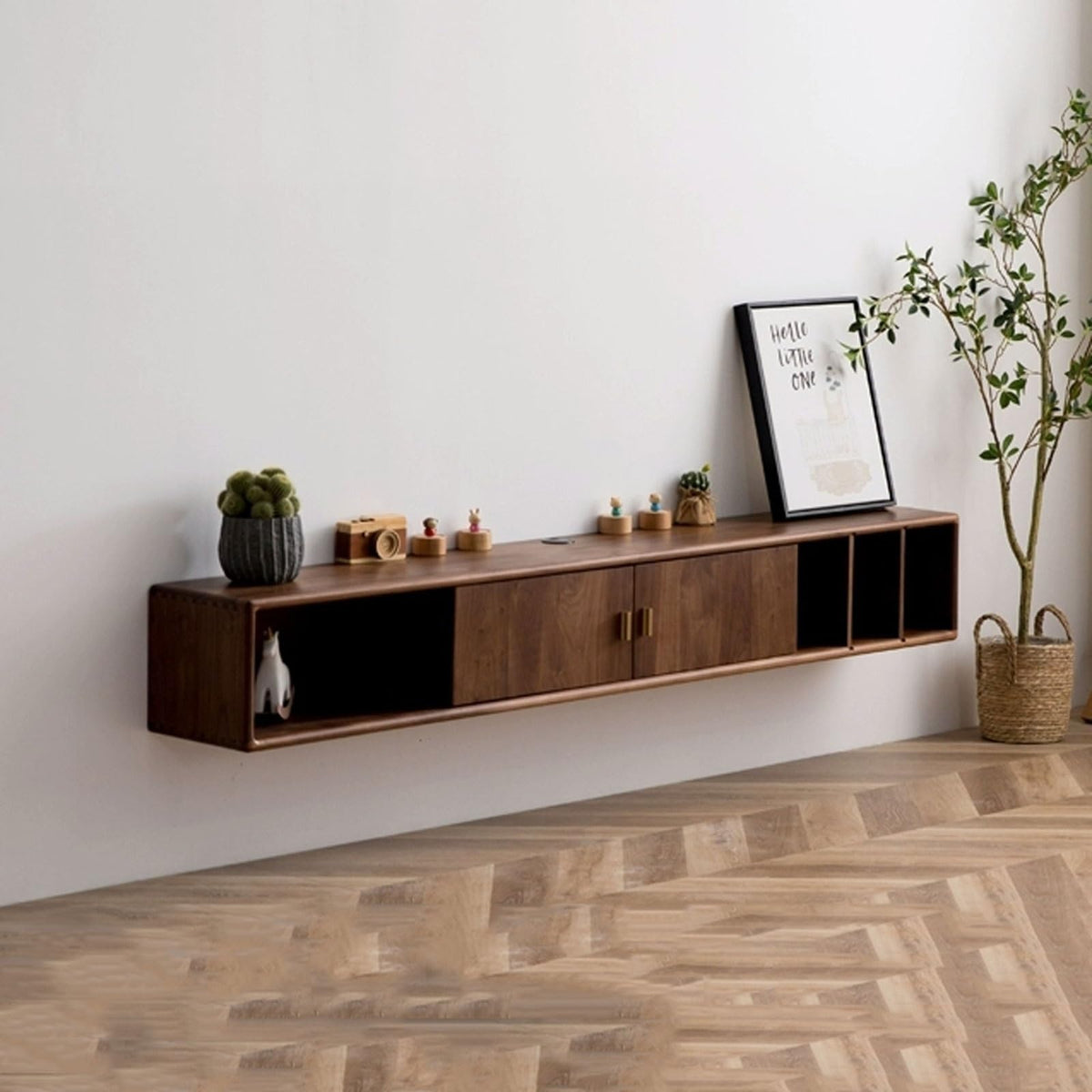 Walnut Wood Wall Mounted Floating TV Stand with Doors and Open Storage Shelves H274964