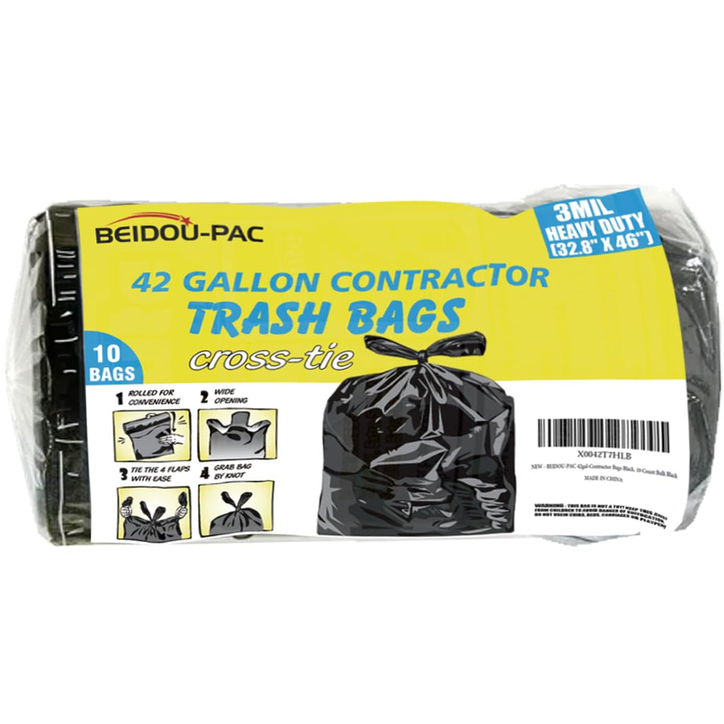Heavy Duty 42 Gallon 10 Count 3 MIL Black Flap Tie Trash Bags E248410