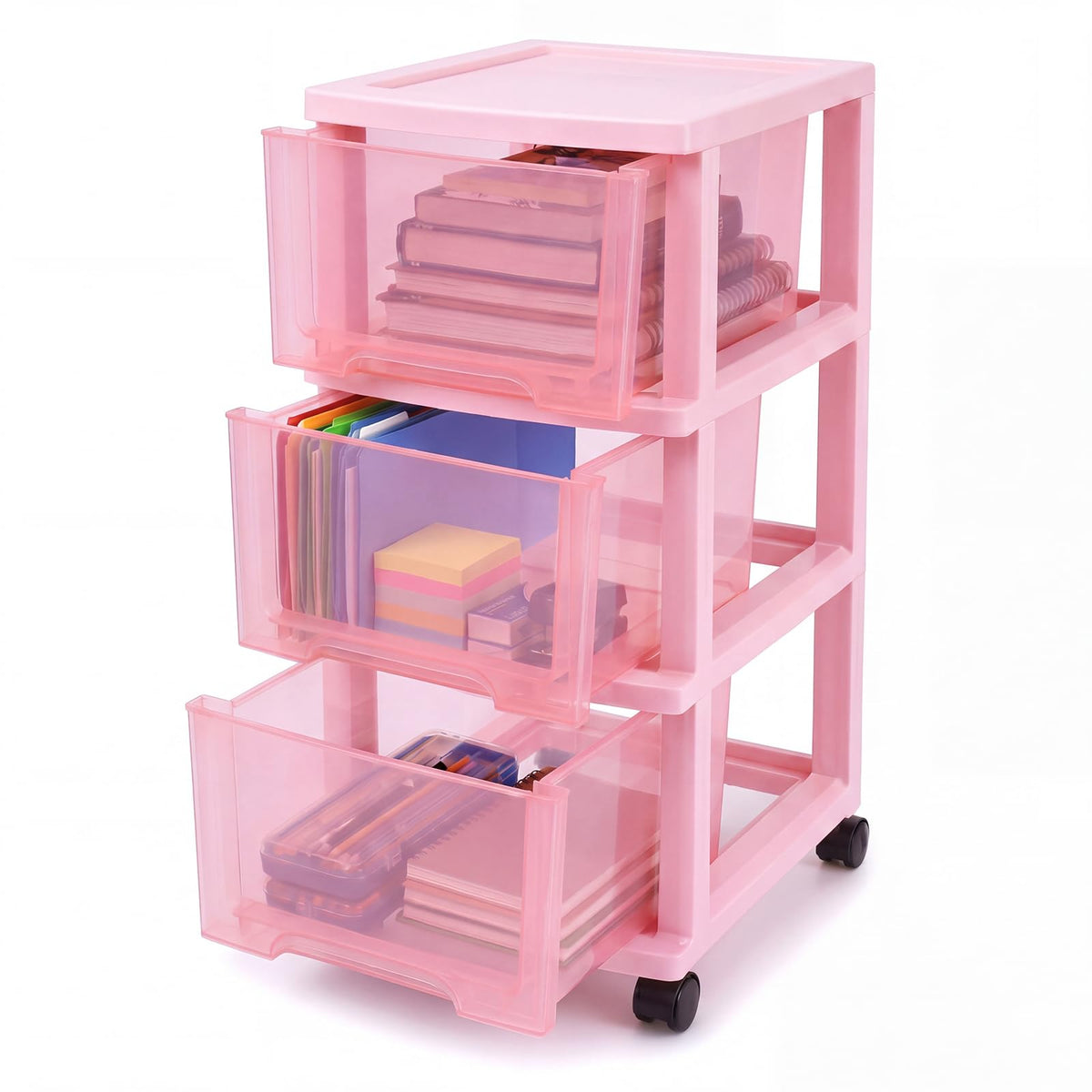 Pink 3-tier Plastic Storage Cart with Wheels N412
