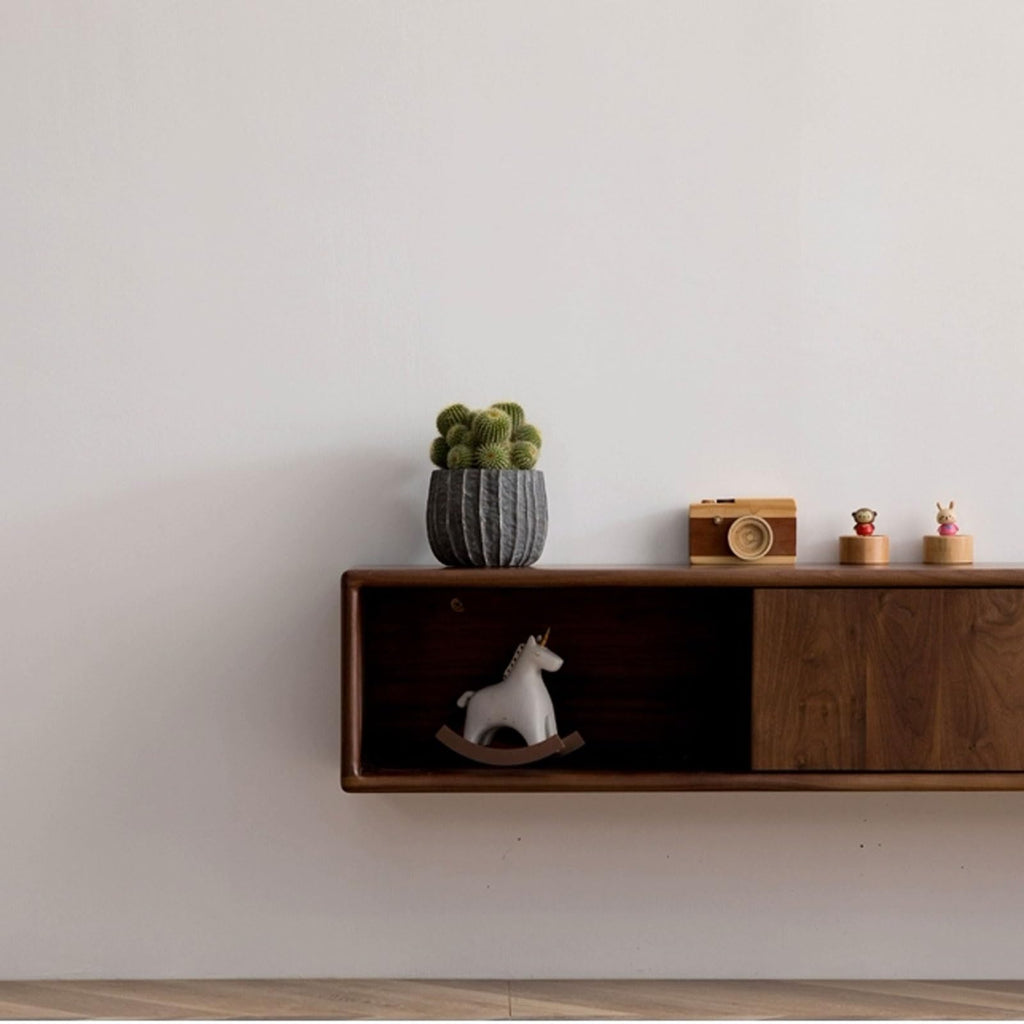 Walnut Wood Wall Mounted Floating TV Stand with Doors and Open Storage Shelves H274964