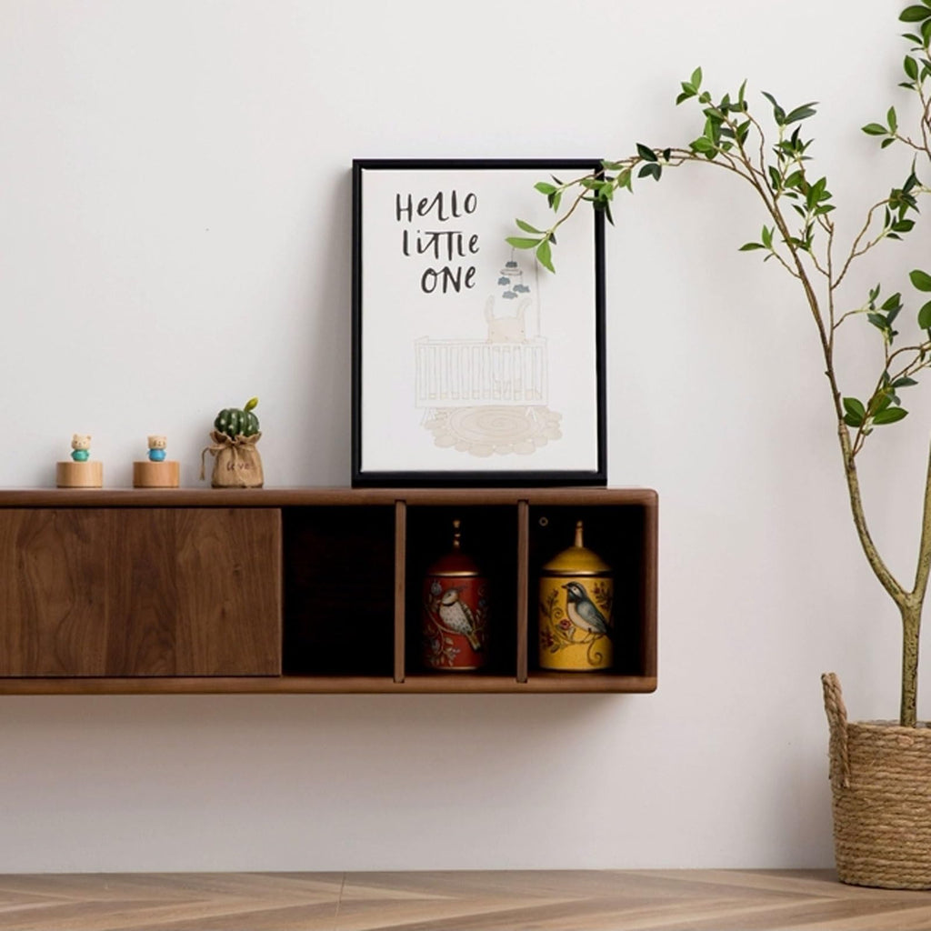Walnut Wood Wall Mounted Floating TV Stand with Doors and Open Storage Shelves H274964