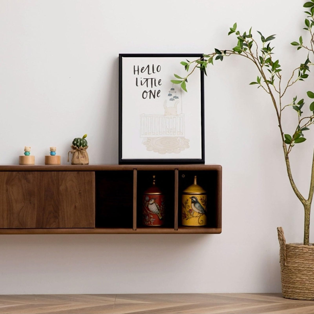 Walnut Wood Wall Mounted Floating TV Stand with Doors and Open Storage Shelves H274964