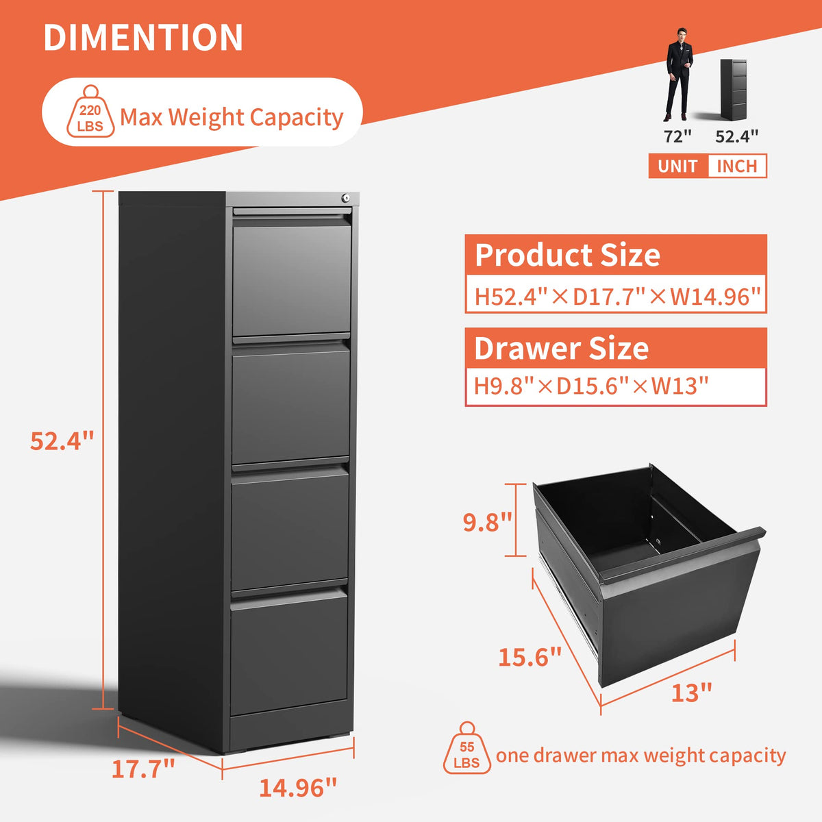 4 Drawer Black Metal File Cabinet with Lock J94062
