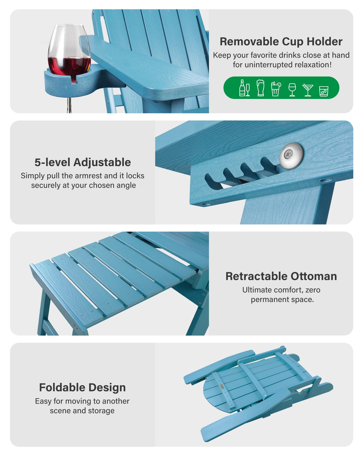 Blue Set of 2 Adirondack Chair with Footrest S457