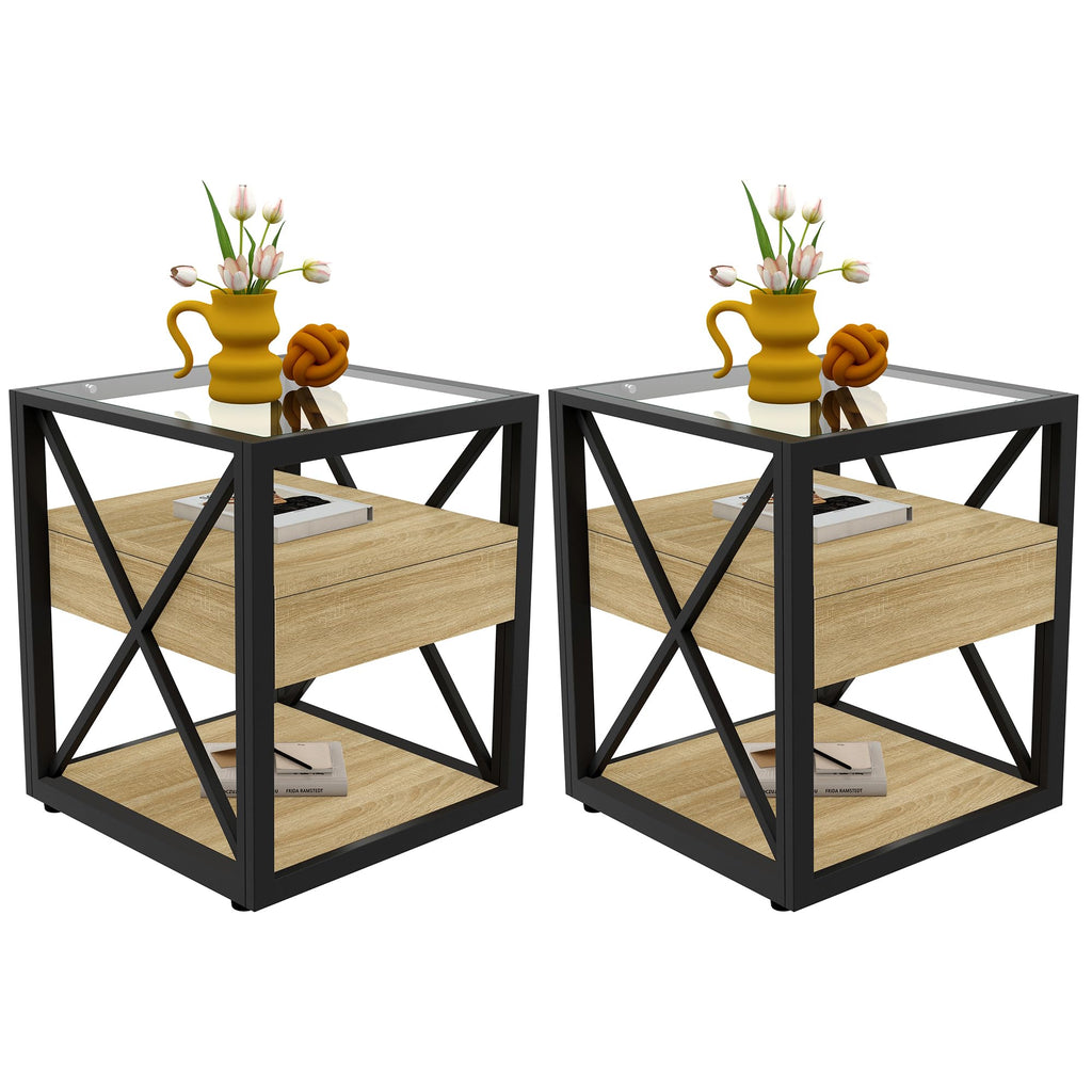 Brown Wood Glass Metal End Table Set of 2 I711