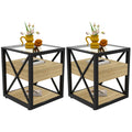 Brown Wood Glass Metal End Table Set of 2 I711