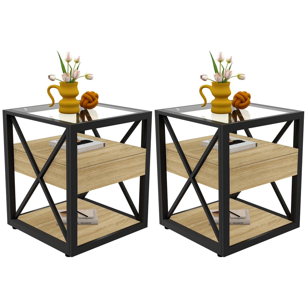Brown Wood Glass Metal End Table Set of 2 I711