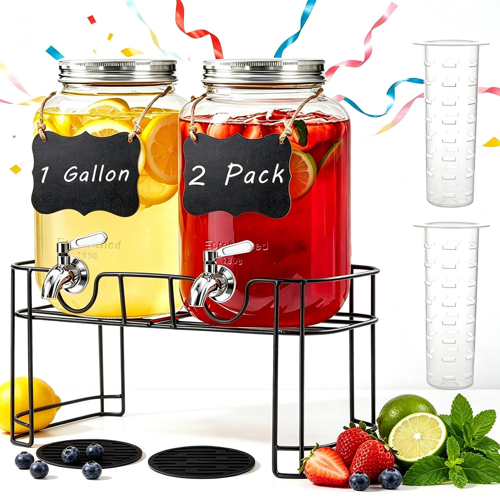 1 Gallon Glass Drink Dispenser with Stand, 2 Pack Beverage Dispenser with Spigot T90552