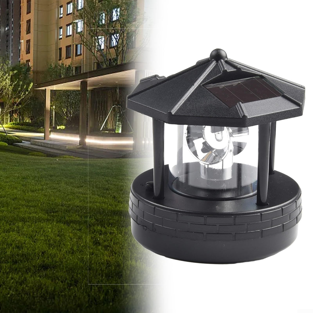 Solar Lighthouse Garden Light Rotatable Shade 360-Degree Outdoor Waterproof Lawn Street Lighting 2 Solar Panels Fast Charging ABS Material White Light Black Red 1pc 11x10x11cm(black) M379