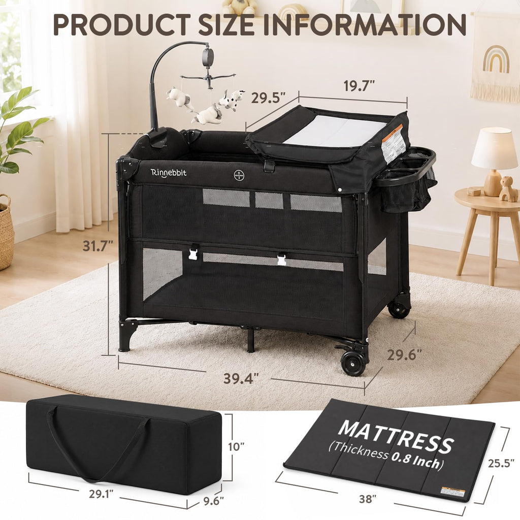 4-in-1 Pack and Play, Baby Bassinet Bedside Sleeper, Black H67420