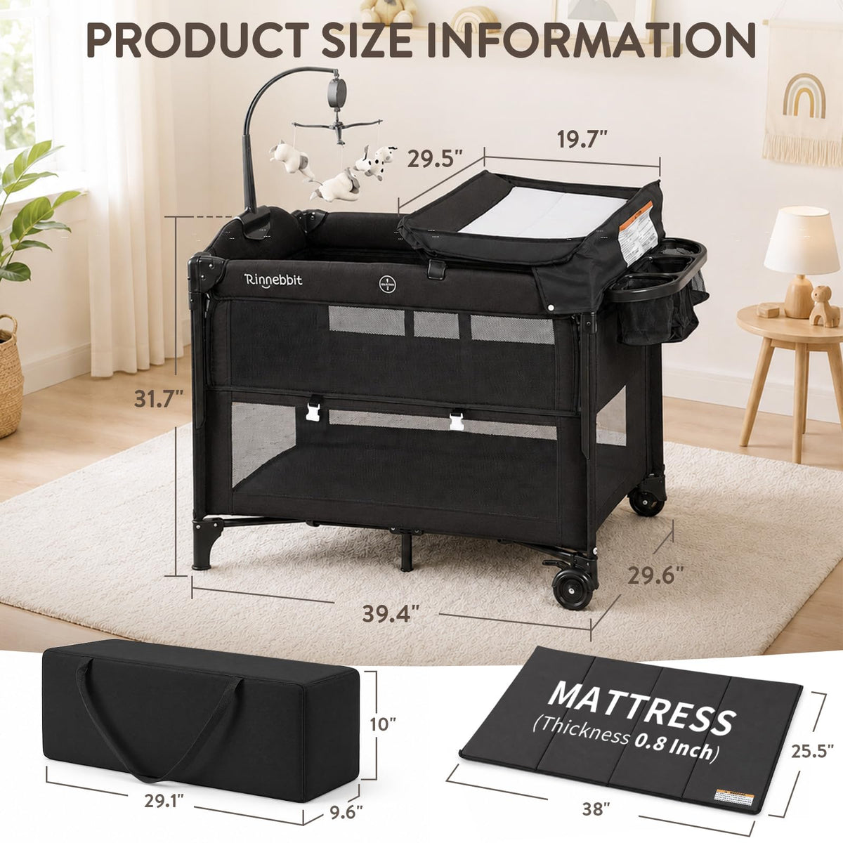 4-in-1 Pack and Play, Baby Bassinet Bedside Sleeper, Black H67420