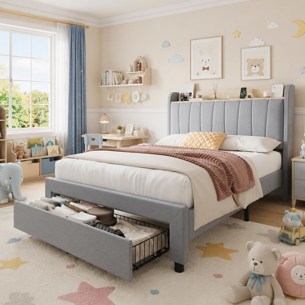 Twin Bed Frame with Storage Headboard and Charging Station P207