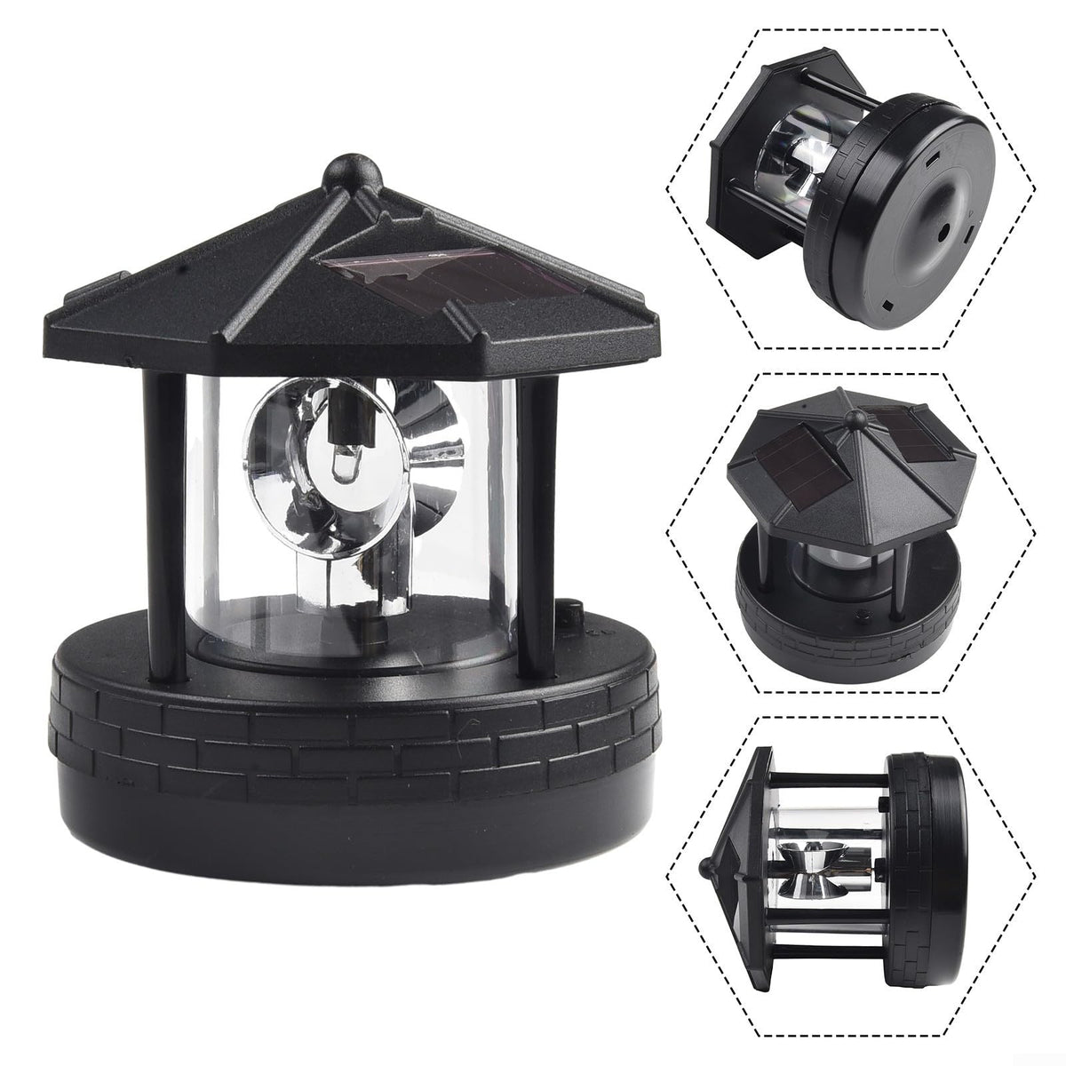 Solar Lighthouse Garden Light Rotatable Shade 360-Degree Outdoor Waterproof Lawn Street Lighting 2 Solar Panels Fast Charging ABS Material White Light Black Red 1pc 11x10x11cm(black) M379