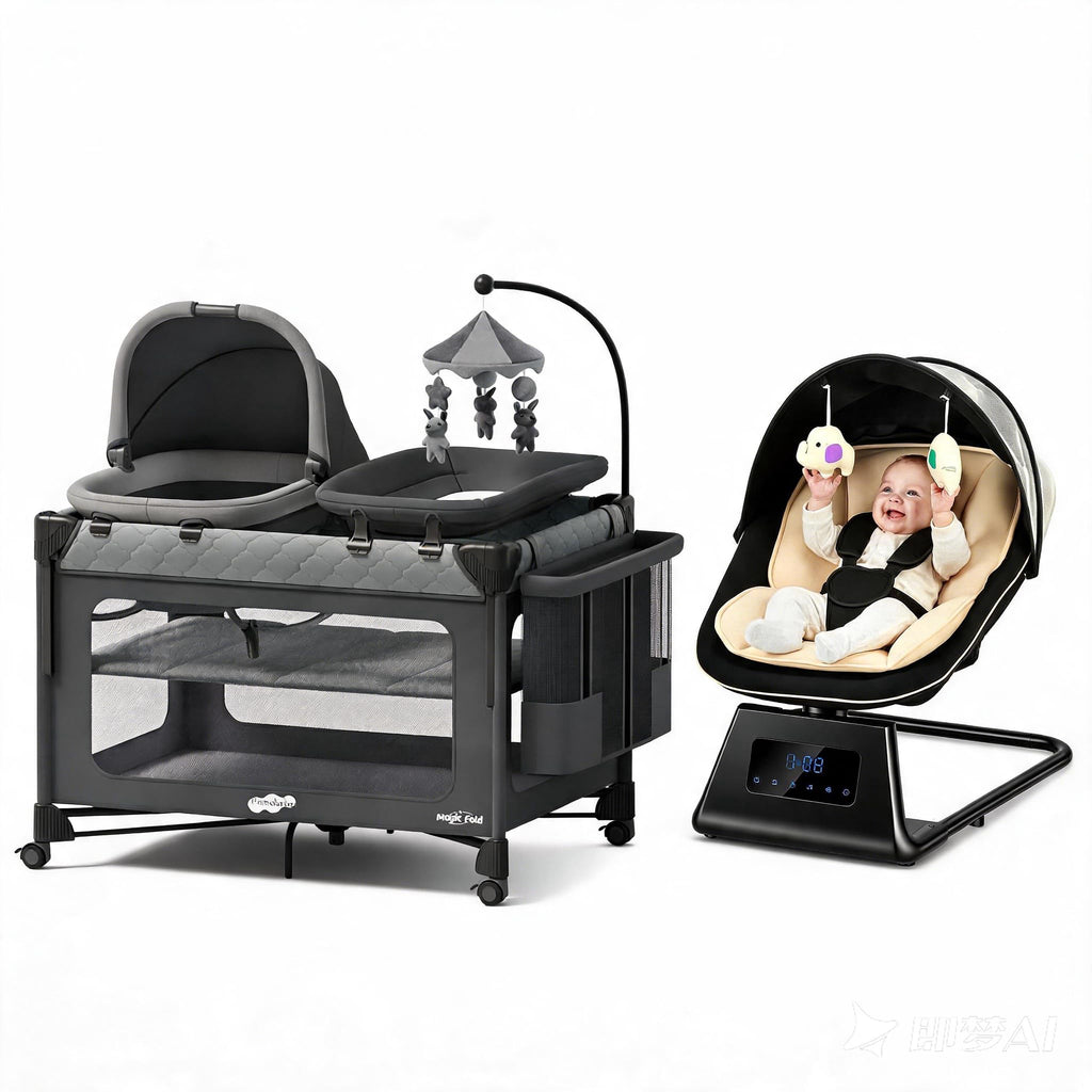 7 in 1 Pack and Play with Bassinet and Changing Station, Portable Electric Baby Swing B6838