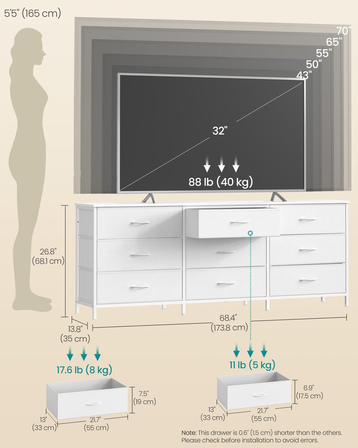 9 Fabric Drawers Dresser TV Stand T61833