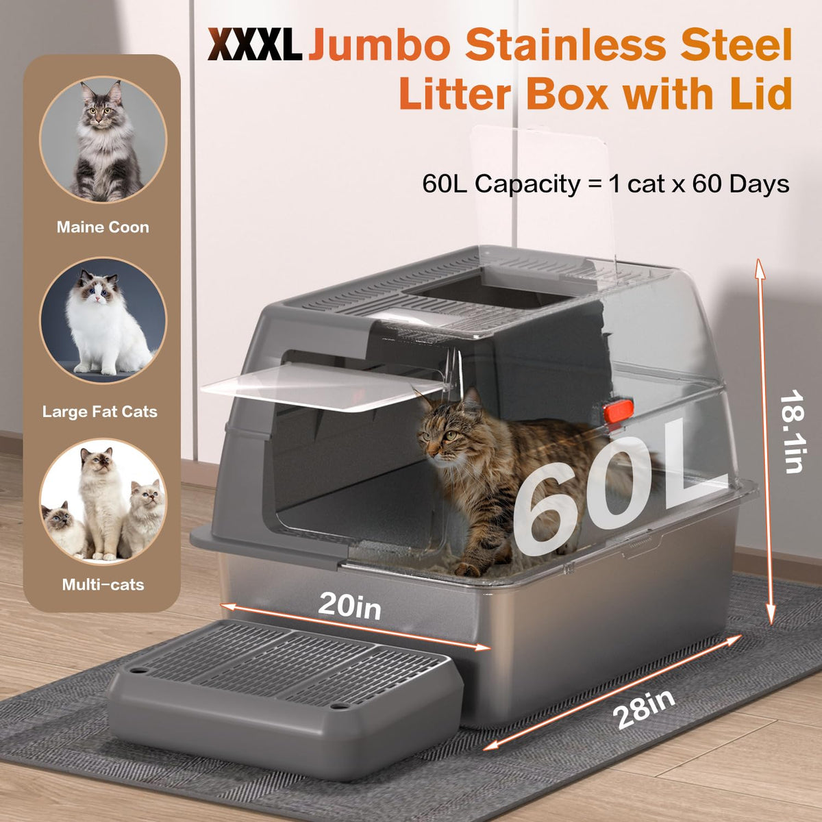 XXXL Stainless Steel Litter Box with Lid I84367