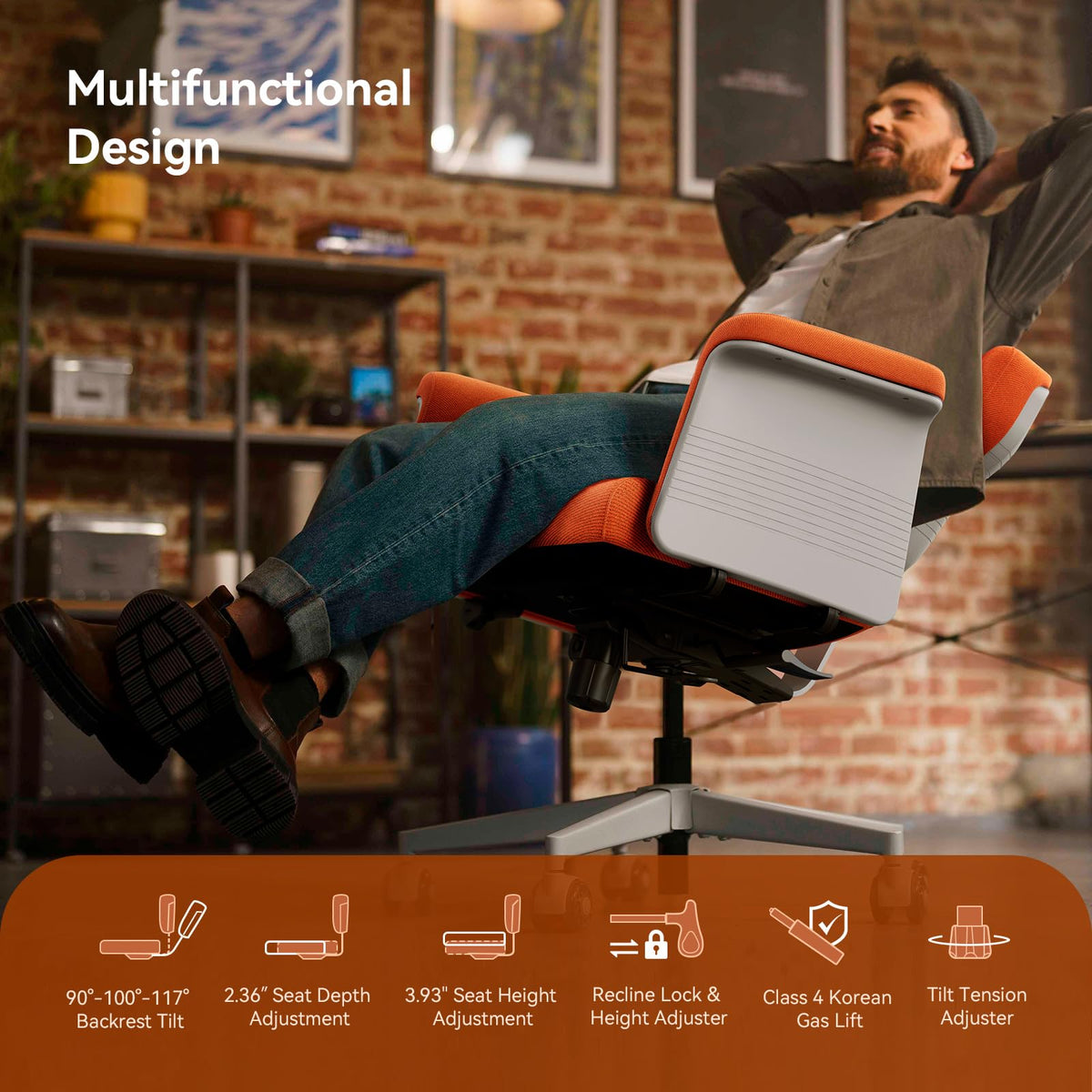 Orange Adjustable Ergonomic Office Chair with Desk Tray U6676