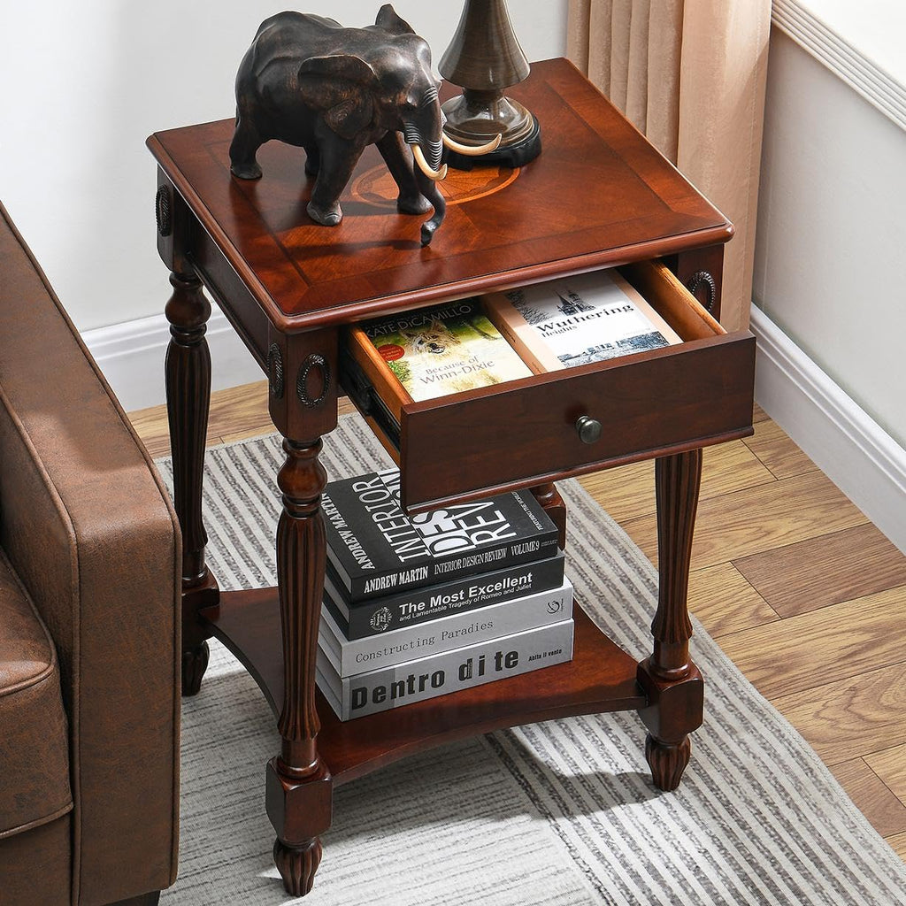 Solid Wood Side Table with Drawer, Cherry Walnut P669