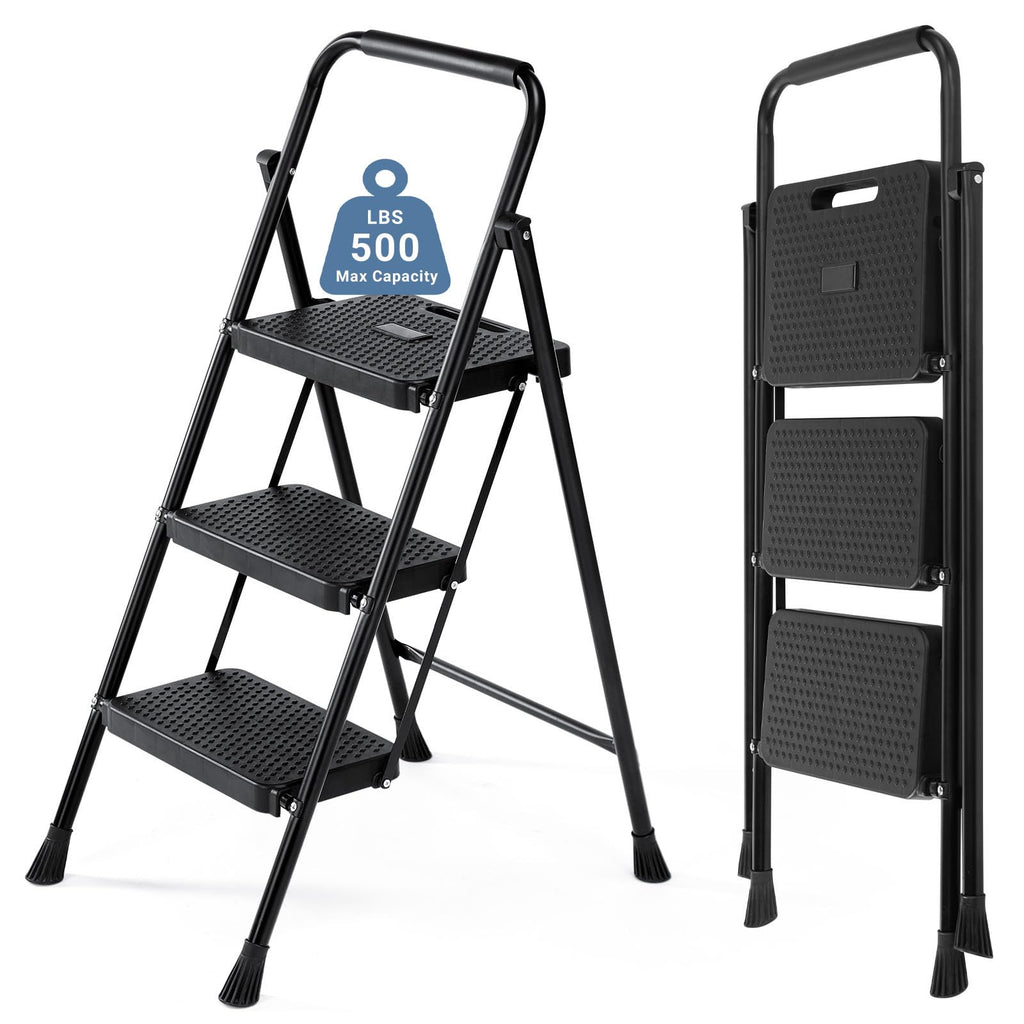 3 Step Ladder with Anti-Slip Pedal and Handrail, 500lbs, Black I704058