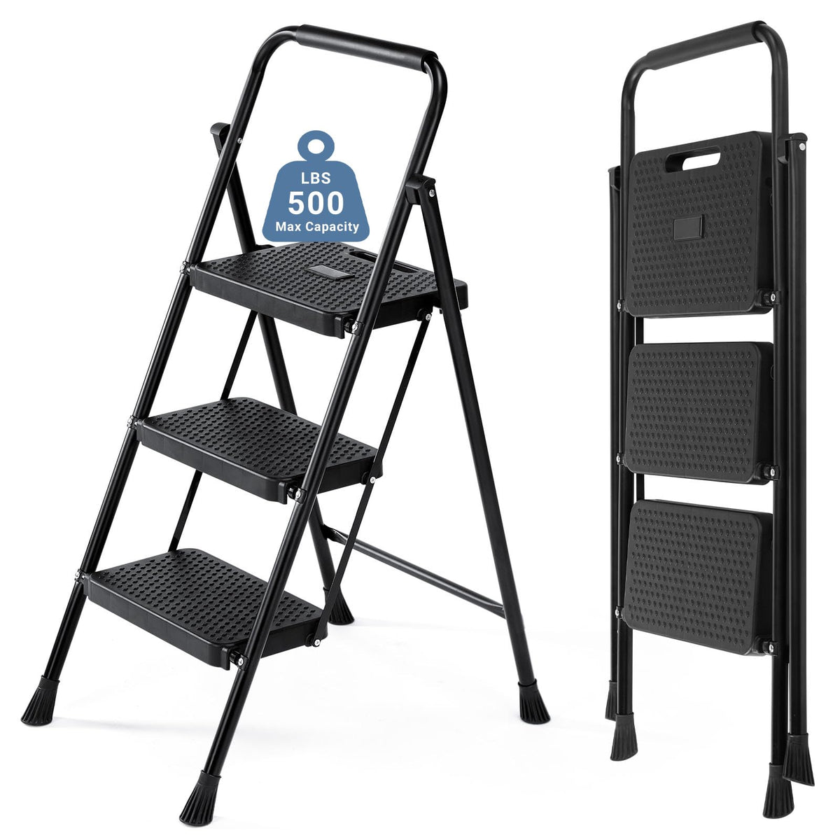 3 Step Ladder with Anti-Slip Pedal and Handrail, 500lbs, Black I704058