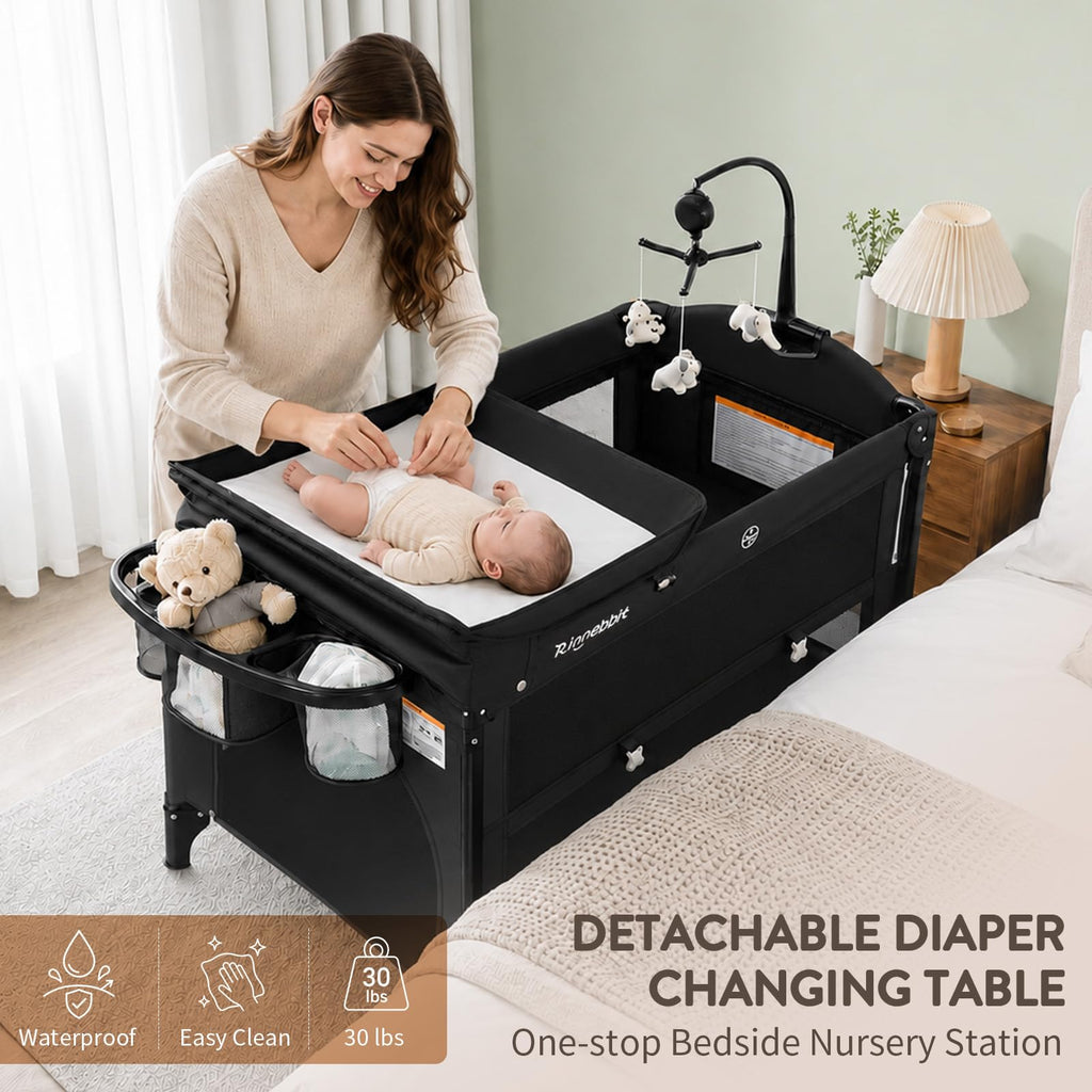 4-in-1 Pack and Play, Baby Bassinet Bedside Sleeper, Black H67420