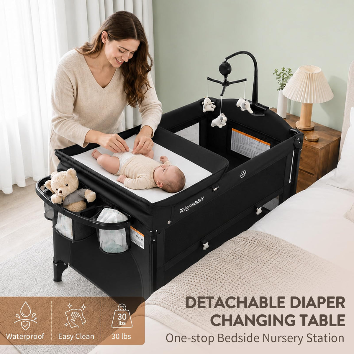 4-in-1 Pack and Play, Baby Bassinet Bedside Sleeper, Black H67420