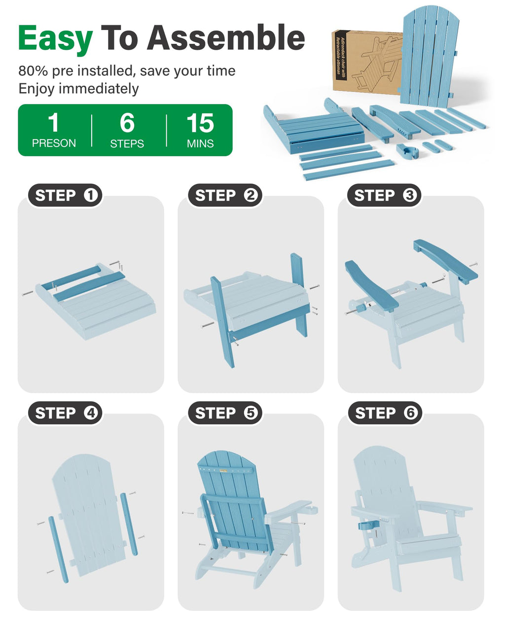 Blue Set of 2 Adirondack Chair with Footrest S457
