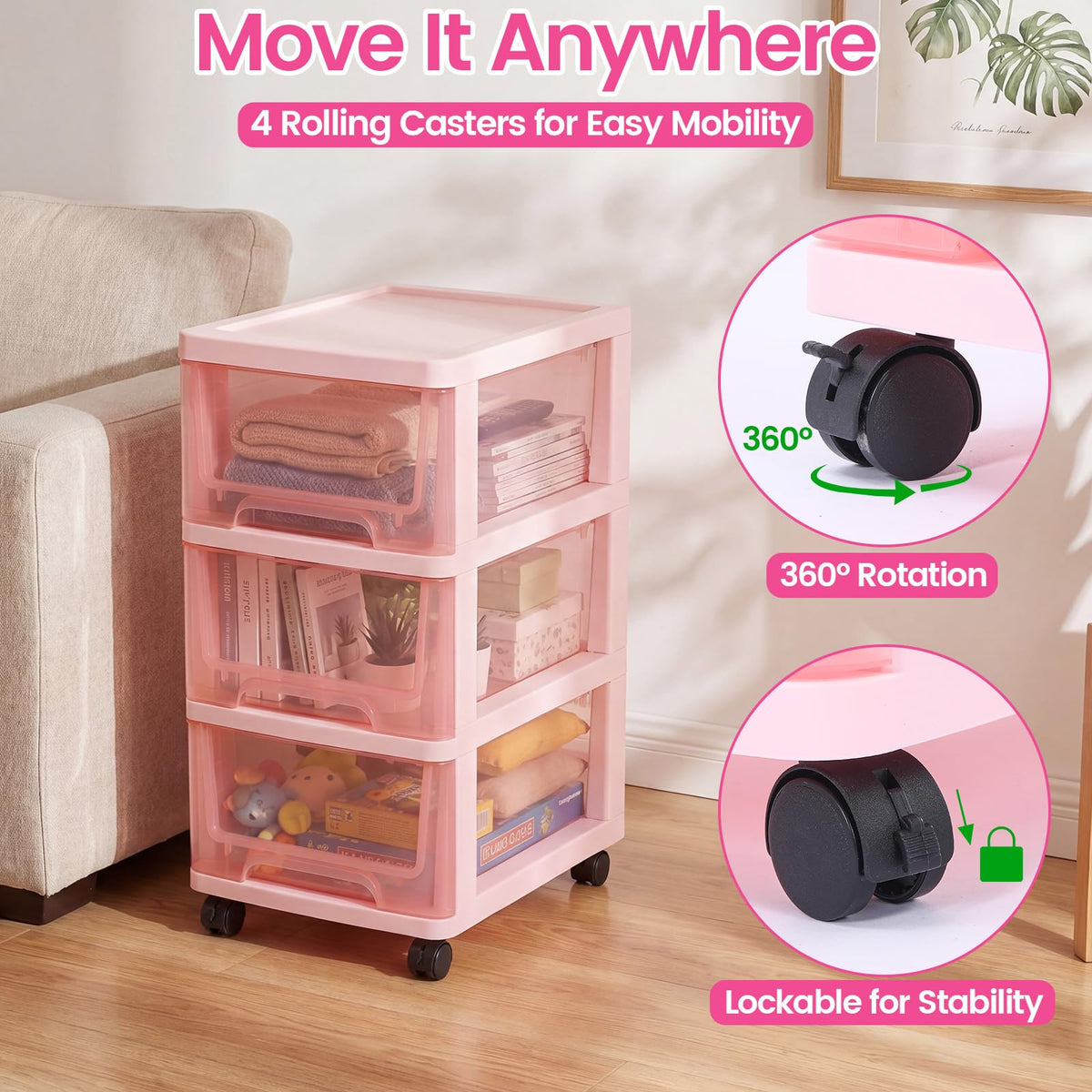 Pink 3-tier Plastic Storage Cart with Wheels N412