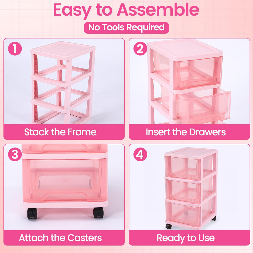 Pink 3-tier Plastic Storage Cart with Wheels N412