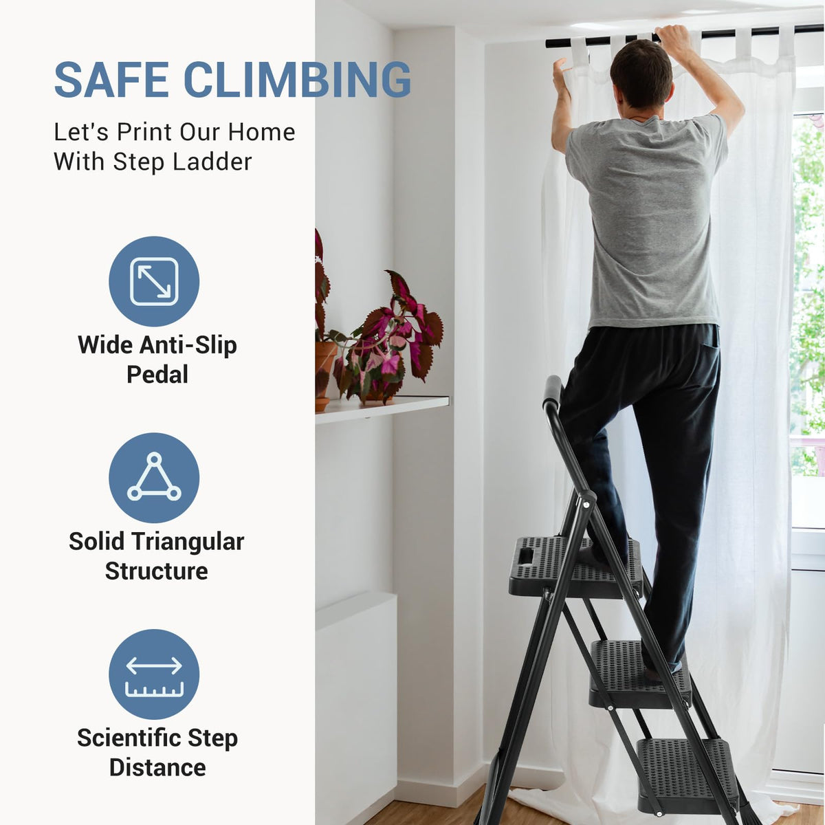 3 Step Ladder with Anti-Slip Pedal and Handrail, 500lbs, Black I704058