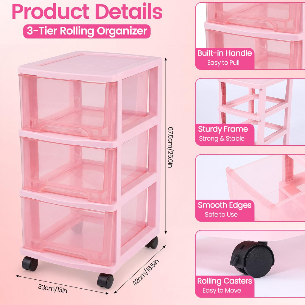 Pink 3-tier Plastic Storage Cart with Wheels N412