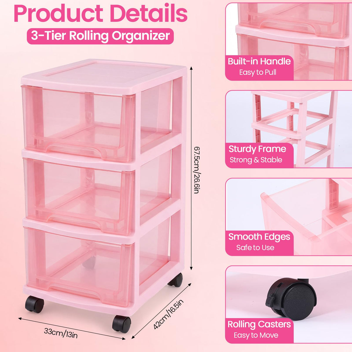 Pink 3-tier Plastic Storage Cart with Wheels N412