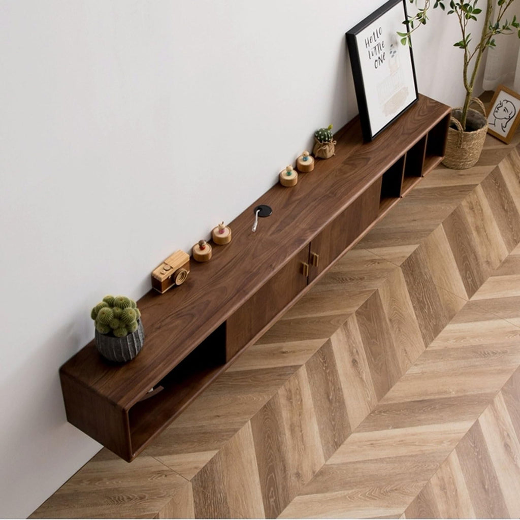 Walnut Wood Wall Mounted Floating TV Stand with Doors and Open Storage Shelves H274964