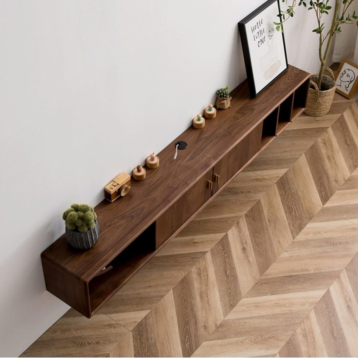 Walnut Wood Wall Mounted Floating TV Stand with Doors and Open Storage Shelves H274964